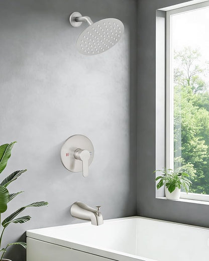 Airuida Shower Faucet Set with Tub Spout,8" Bathtub Faucet-Brushed Nickel | Male Threads Rough-In Valve,Round Head Shower System,Tub and Shower Kit Set
