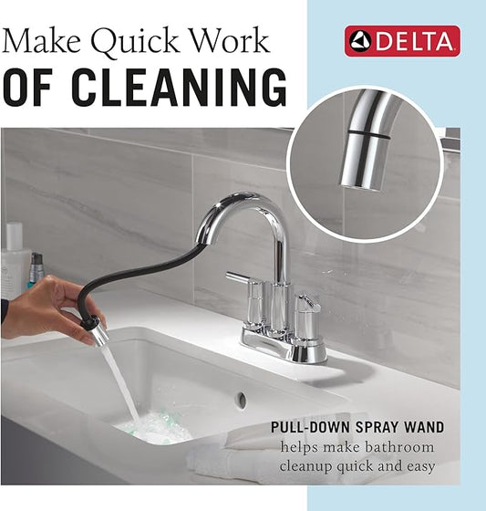 Delta Nicoli Centerset Chrome Bathroom Faucet with Sprayer, 4 Inch 3 Hole Bathroom Sink Faucet with Pull Out Sprayer, Push-Pop Drain, Chrome 25749LF-PD