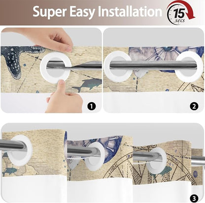 No Hook Shower Curtain and Liner Set, Retro Brown Beach Coastal 71x84 | Nautical Ocean for Bathroom, with Snap in Liner Replacement, Mesh Top Window, Waterproof, Machine Washable, Quick-Drying