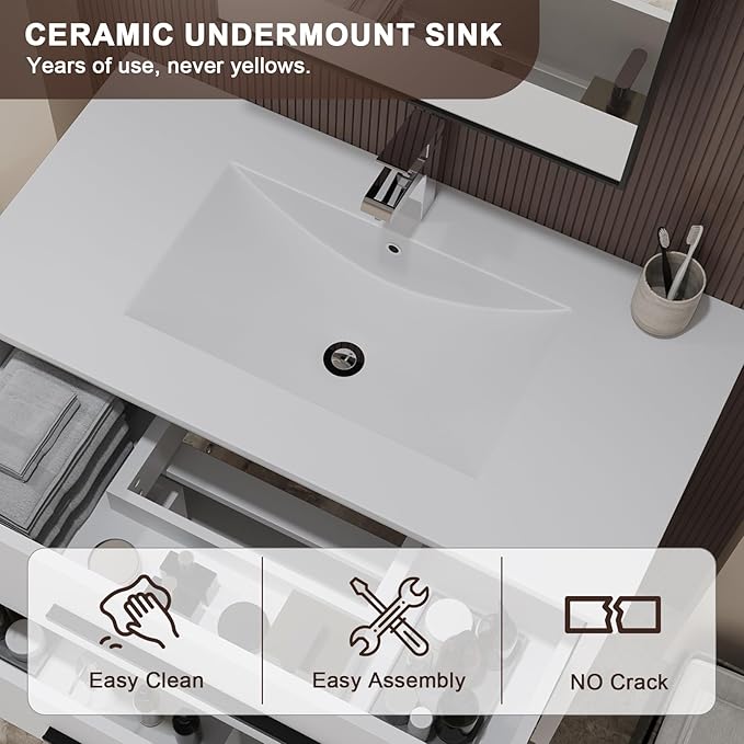 36 inch Floating Bathroom Vanity with Sink, Space Saving Fluted Design for Small Bathrooms, Soft Closing Drawers & Black Handles White