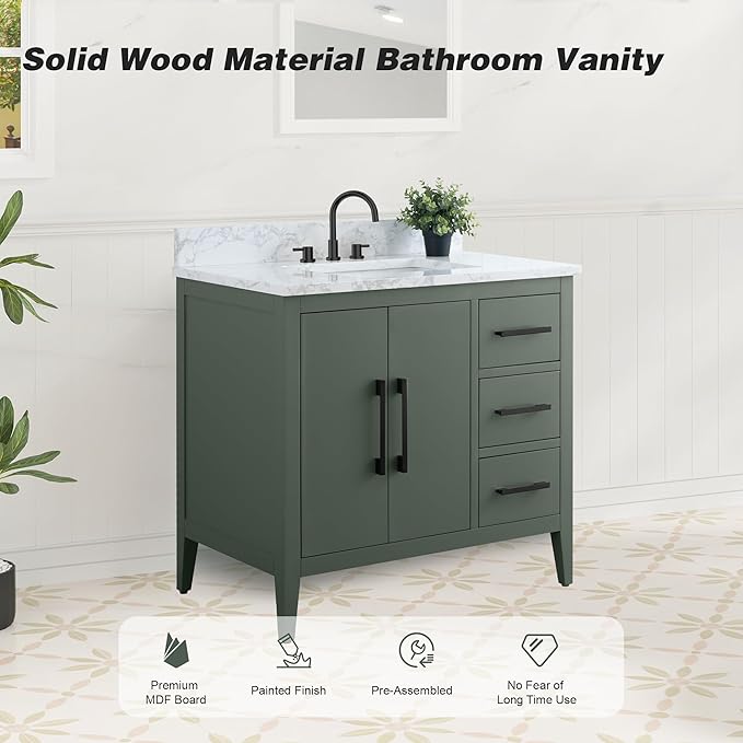 HomeBeyond 36 Inch Bathroom Vanity with Sink & Ceramic Top, Single Vanity Cabinet with Basin, Soft-Closing Doors & Matte Black Hardware, Vintage Green