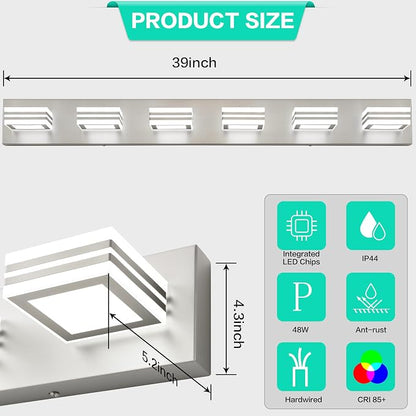 SOLFART Modern LED Vanity Lights Fixtures: 6 Lights Acrylic LED Brushed Nickel Vanity Lights for Bathroom 39inch