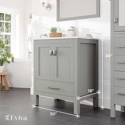 Eviva London 30 Inch Gray Bathroom Vanity - Stylish Single Sink Vanity with Undermount Porcelain Sink & Cabinet for Optimal Storage