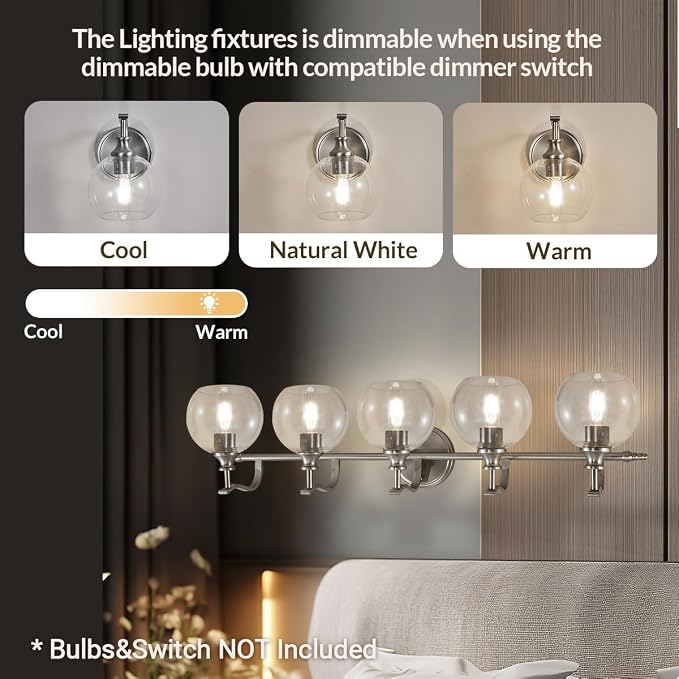 5-Light Brushed Nickel Bathroom Light Fixture, 35" Large Wall Sconce, Glass Globe Design, Perfect for Large Bathrooms, Double Vanities, Elegant Linear Design