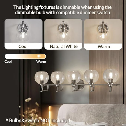 5-Light Brushed Nickel Bathroom Light Fixture, 35" Large Wall Sconce, Glass Globe Design, Perfect for Large Bathrooms, Double Vanities, Elegant Linear Design