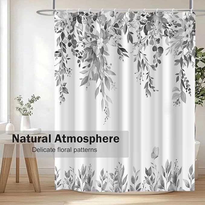 Grey Floral Eucalyptus Shower Curtain with Hooks, 36x72 Inch | Waterproof Fabric, Watercolor Leaves and Floral, Botanical Style, Machine Washable, Quick-Drying, for Hotel Bathroom