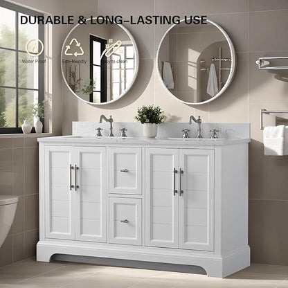 HOMEBEYOND 54 Inch Bathroom Vanity with Double Sink & Ceramic Top, Vanity Cabinet with Center Countertop Basin, Soft-Closing Doors, Backsplash, White
