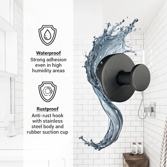 Suction Cup Hooks for Shower - 2 Pack, Matte Black - Stainless Steel, Strong Suction, No Drill, Removable Hanger, Tile Bathroom Kitchen Wall, Glass Door, Mirror Hook Hanging Robe, Towel Holder