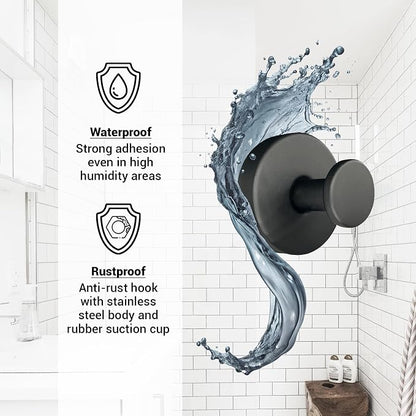 Suction Cup Hooks for Shower - 2 Pack, Matte Black - Stainless Steel, Strong Suction, No Drill, Removable Hanger, Tile Bathroom Kitchen Wall, Glass Door, Mirror Hook Hanging Robe, Towel Holder