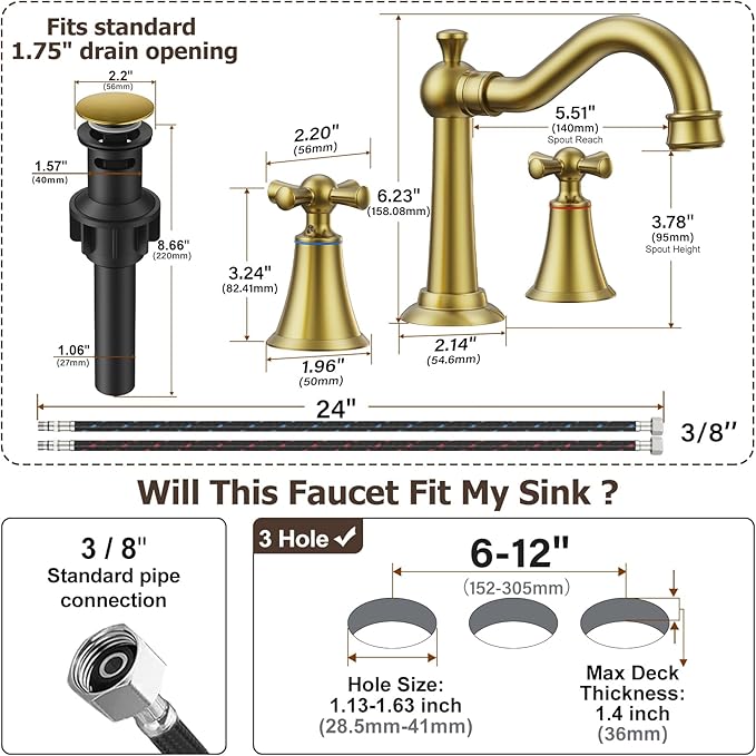 Hurran 8 Inch Widespread Bathroom Sink Faucet Brushed Gold, 3 Hole 2 Cross Handles Classic Vintage Antique Faucet with Metal Pop Up Drain and Supply Hoses for Vanity, RV, Farmhouse