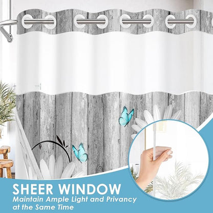 No Hook Shower Curtain with Snap in Liner 71x74 Inch Daisy Flower | Wooden Boards Gray Modern Double Layers Waterproof Fabric with See Through Top Window Open Grommet Bath Curtain