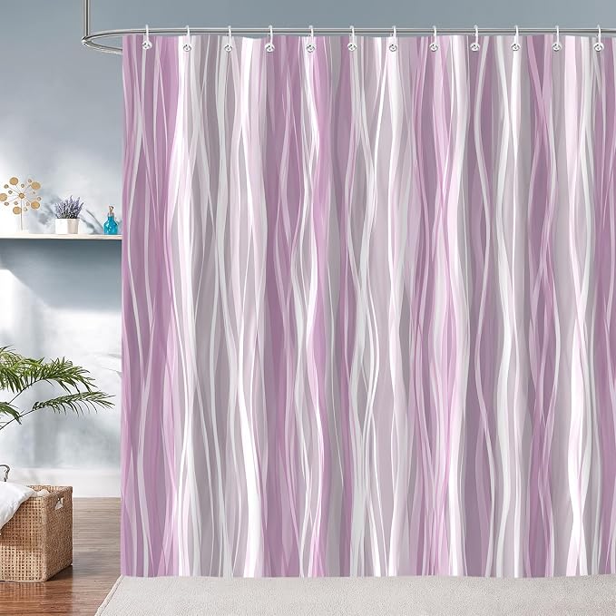 Moonslim Pink Grey Ombre Shower Curtain, Modern Wavy Abstract Striped Line Bathroom Curtain, Waterproof Fabric Bath Decor, 72 x 72 Inch
