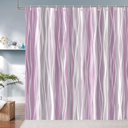 Moonslim Pink Grey Ombre Shower Curtain, Modern Wavy Abstract Striped Line Bathroom Curtain, Waterproof Fabric Bath Decor, 72 x 72 Inch