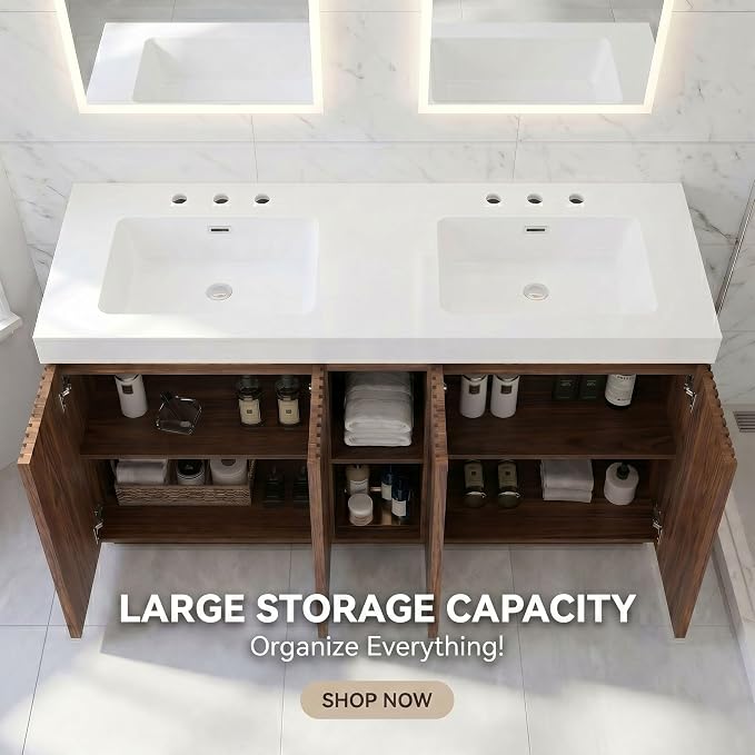 60" Double Bathroom Vanity with Sink (8" Widespread Faucet Holes Predrilled), Mid Century Modern Bathroom Cabinet with 4 Doors & Shelves, White Integrated Sink with Overflow, Walnut