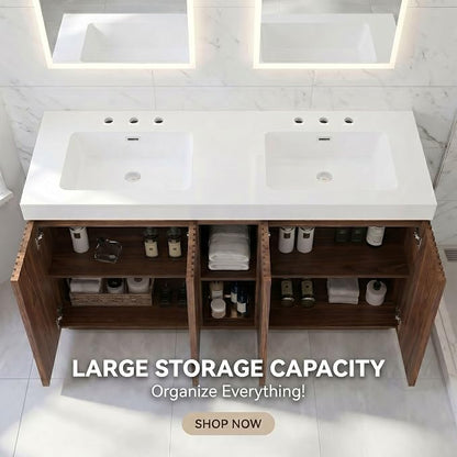 60" Double Bathroom Vanity with Sink (8" Widespread Faucet Holes Predrilled), Mid Century Modern Bathroom Cabinet with 4 Doors & Shelves, White Integrated Sink with Overflow, Walnut
