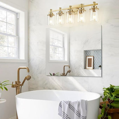 5-Light Modern Vanity Lights Over Mirror, Brushed Brass Bathroom Sconce with Clear Glass Shade