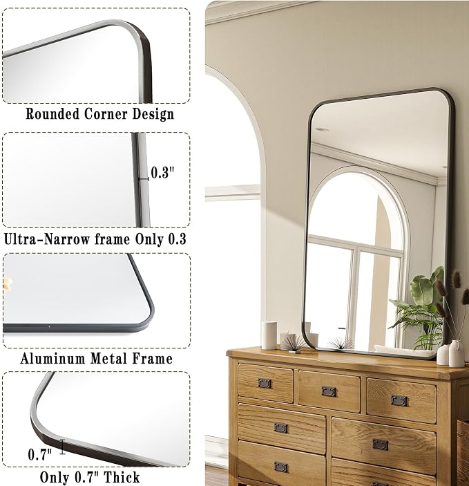 24x36 Inch Black Bathroom Vanity Mirror for Over Sink | Rectangle Wall Mirror for Bathroom with Round Corner, Hangs Horizontally Vertically for Living Room, Bedroom as Home Decor