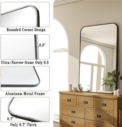 24x36 Inch Black Bathroom Vanity Mirror for Over Sink | Rectangle Wall Mirror for Bathroom with Round Corner, Hangs Horizontally Vertically for Living Room, Bedroom as Home Decor