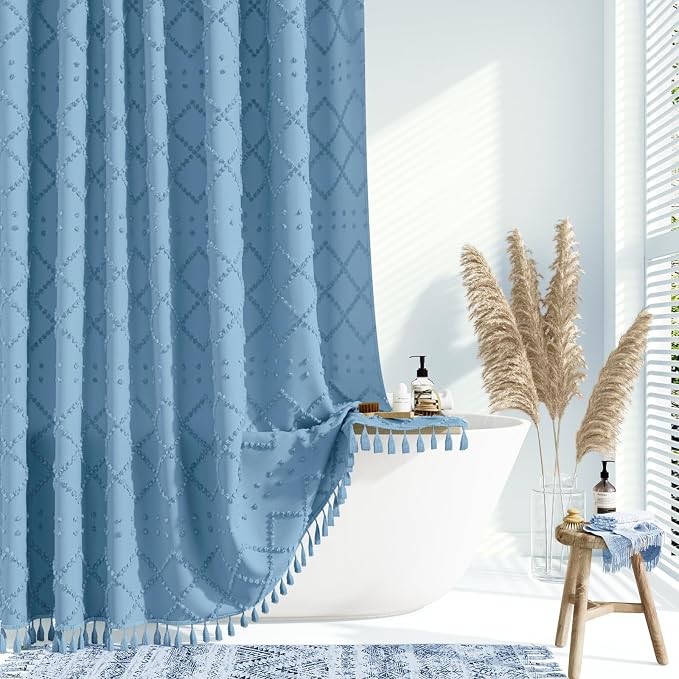Extra Long Boho Shower Curtain Geometric 72"x96" Moonlight Blue | 96 Inch Tall, Elegant Tassel, Lightweight Textured Fabric, Water Repellent, Washable, Hotel Spa, for Bathroom/Dorm 12 Hooks