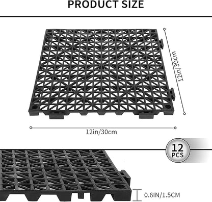 FAHKNS 12 PCS Interlocking Drainage Mat, 12“x12” Drainage Tiles Interlocking, PVC Non-Slip Splicing Interlocking Floor Tiles for Bathroom, Kitchen, Swimming Pool, Garden, Black
