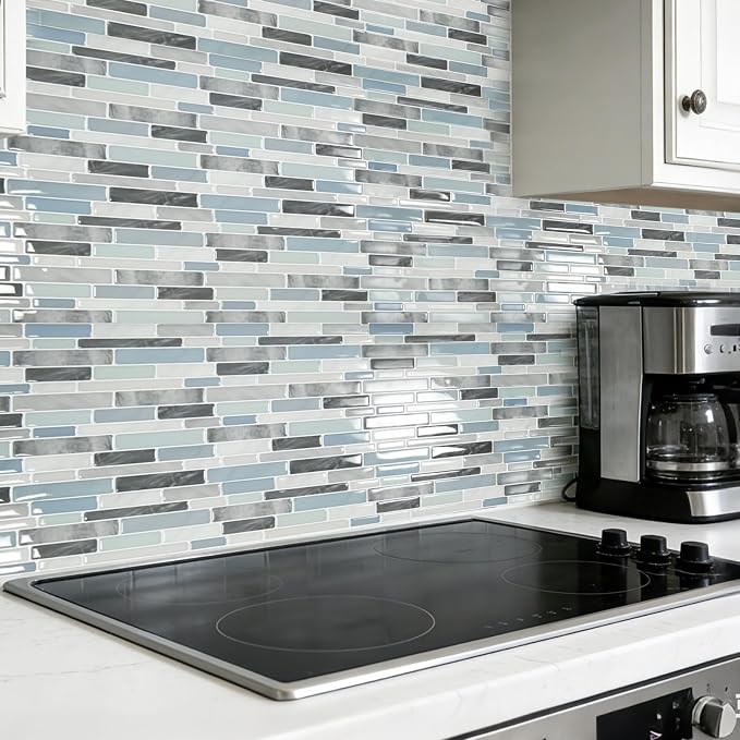 LONGKING Self-Adhesive Kitchen Backsplash, Marble Look Decorative Tiles (10 Tiles) | Peel and stick backsplash, self-adhesive wall tile, marble, waterproof, kitchen bathroom wall, 10 tiles, set B