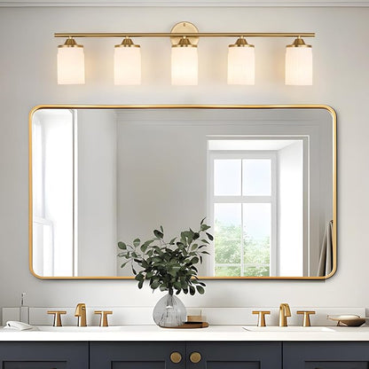 Jonsi Gold Bathroom Light Fixtures 5-Light Vanity Lights Modern Wall Sconce with Milk White Shade Brushed Brass Bathroom Light Fixture Over Mirror for Bedroom Hallway Kitchen