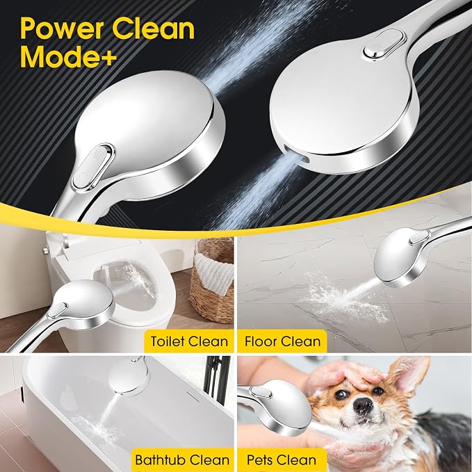 High Pressure Shower Head with Handheld,Power Wash & Auto Reset | 8-setting Shower Spray with on off Switch,79in Stainless Steel Extra Long Hose&Bracket.Easy for Seniors, kids & Pets,Sliver