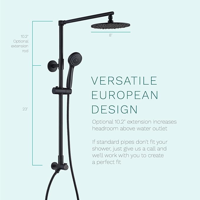 Fennocasa Polaris 3 Rain Shower System, 8” Rainfall Shower Head and Handheld Shower Combo, includes 3-Setting Handheld Spray, Height Adjustable Shower Wand Holder, 60” Hose (1.8 GPM Matte Black)