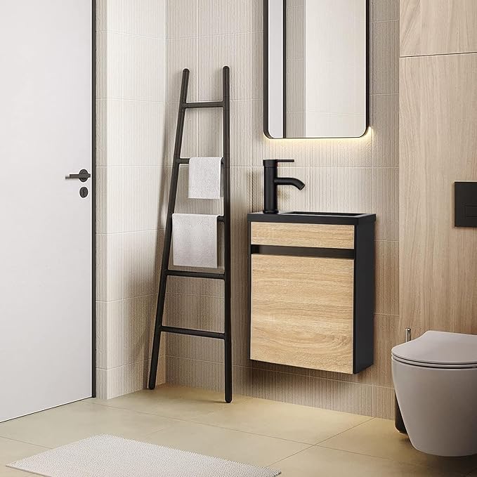 UEV 16" Small Bathroom Vanity, Black & Natural Mixed with Ceramic Sink, Frosted Black Faucet P-Trap (Wall Mounted)