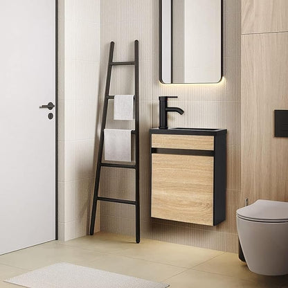 UEV 16" Small Bathroom Vanity, Black & Natural Mixed with Ceramic Sink, Frosted Black Faucet P-Trap (Wall Mounted)