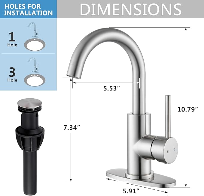 Brushed Nickel Bathroom Faucet - Single Hole Waterfall Bathroom Sink Faucet with Drain Assembly, 360° Swivel Spout Vanity Faucet Single Handle Lavatory Sink Faucet