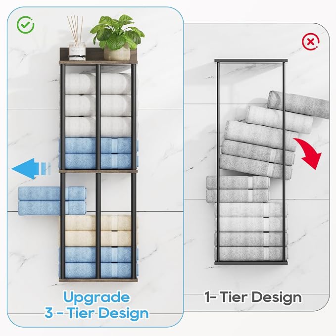 Towel Racks for Bathroom Wall Mounted with Wooden Storage Shelf | Updated 3 Bar Metal Towel Holder for Rolled Towels, Sturdy and Large Capacity, Towel Storage Organizer
