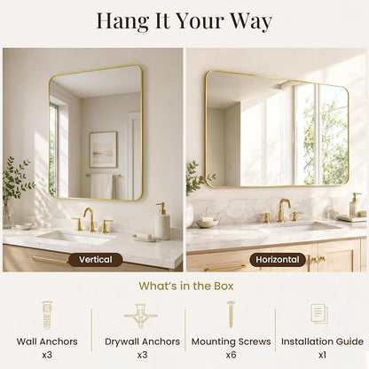 30x36 Inch Brushed Gold Rounded Rectangle Bathroom Vanity Mirror | For Over-Sink Bathrooms, Corrosion-Resistant Aluminum Frame, Slim Front Profile, Two-Way Mount, Protective Packaging