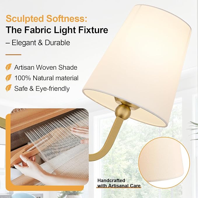 Bathroom Light Fixtures, 2-Light Brushed Gold Vanity Lights, Bathroom Lighting Fixtures Over Mirror with Flared White Fabric Shade, Modern Wall Sconces for Living Room Hallway