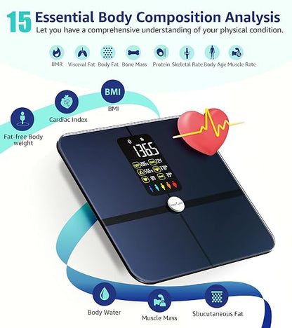 Posture Body Fat Scale, Extra Large Display Digital Bathroom Wireless Weight Scale Composition Analyzer with Heart Rate Heart Index & Body Shape Index with Free APP 400Lb Black
