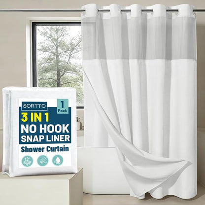 SORTTO No Hook Slub Shower Curtain with Liner, 71x77, White | Snap in Liner, 3 in 1, Bamboo Texture, Hotel Style, Waterproof Fabric, Mesh Top Window, Corner Magnets, Machine Washable
