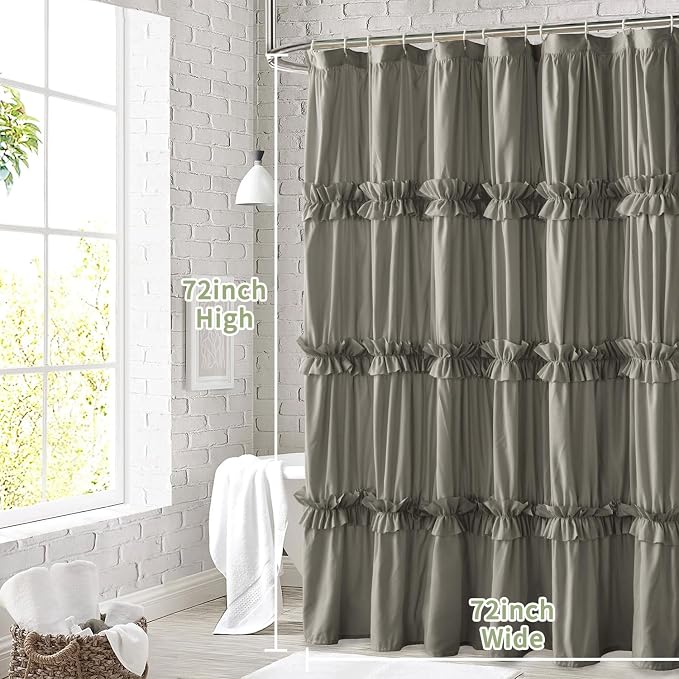 Farmhouse Ruffle Shower Curtain, Gray, 72 x 72 in | Decorative Elegant Bathroom Curtain with 12 Holes, Soft Ruched Microfiber Fabric, Vintage Handmade Design