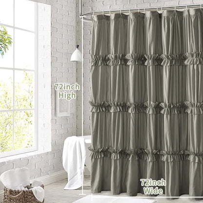 Farmhouse Ruffle Shower Curtain, Gray, 72 x 72 in | Decorative Elegant Bathroom Curtain with 12 Holes, Soft Ruched Microfiber Fabric, Vintage Handmade Design