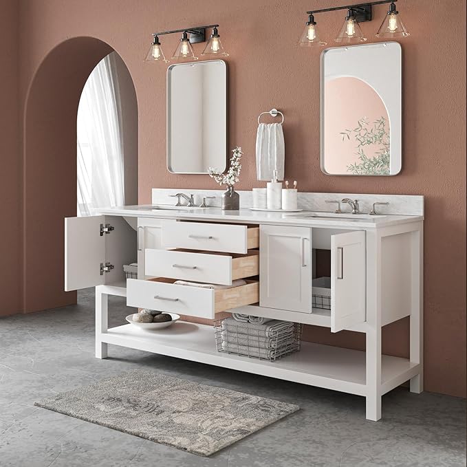 ARIEL Magnolia 72-inch Bathroom Vanity with Sink,Solid Wood, 0.75-inch Italian Carrara Marble Countertop, Double Rectangular Porcelain Sink, 4 Soft Closing Doors, 3 Dovetail Drawers, White