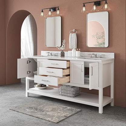 ARIEL Magnolia 72-inch Bathroom Vanity with Sink,Solid Wood, 0.75-inch Italian Carrara Marble Countertop, Double Rectangular Porcelain Sink, 4 Soft Closing Doors, 3 Dovetail Drawers, White