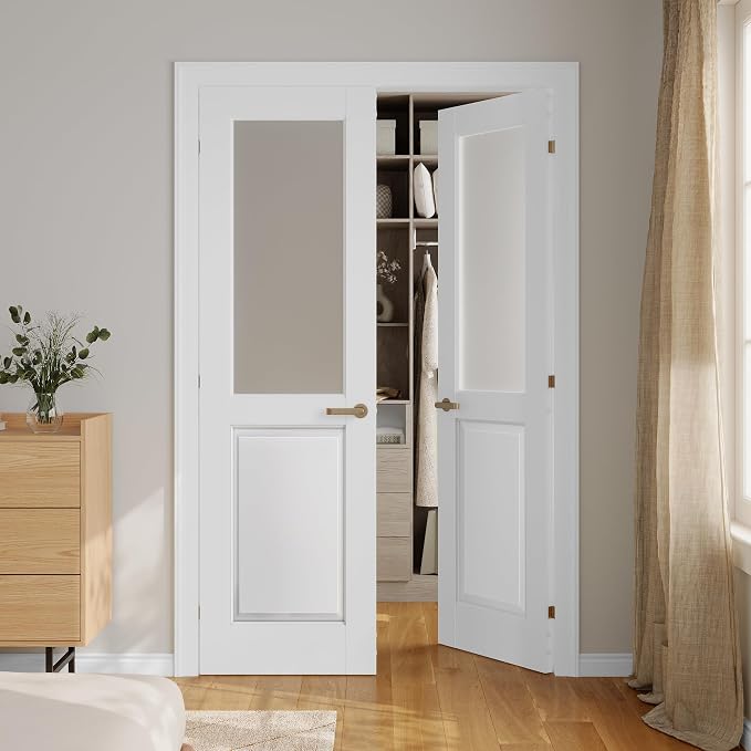 SMARTSTANDARD 60" x 80" Frosted Glass Interior Door Slab, Solid Core | Pre-Assembled French Slab Door for Pantry Laundry Closet Bathroom, without Hardware, White Primed, Paintable Surface