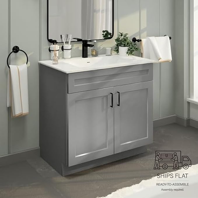 36" Light Grey Shaker Bathroom Vanity Base – Ready-to-Assemble Sink Cabinet, Freestanding Bathroom Vanity Base Only, No Top or Sink