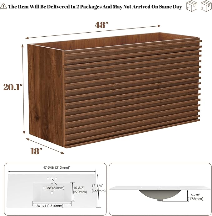 ROOMTEC 48" Bathroom Vanity, Mid-Century Wall Mounted Floating Cabinet with 2 Closing Doors, Wood Grain Texture, Walnut (Sink Basin Not Included)