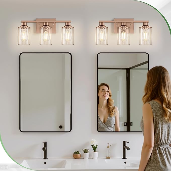DORESshop 17 Inch Bathroom Light Fixtures, 3-Light Antique Patina Bathroom Lighting Fixtures Over Mirror with Clear Glass Shade, Vanity Lights for Living Room Bedroom