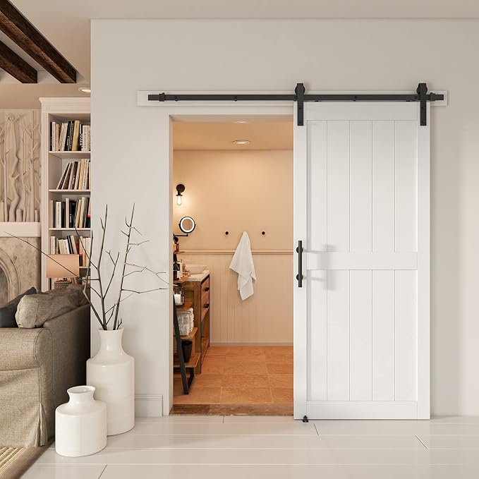 38''x84'' Sliding Barn Door with 6.6 Ft Barn Door Hardware Kit | Pre-Drilled Holes Easy Assembly - Include Installation Manual, Water-Proof PVC Surface, H-Frame, White