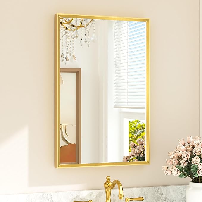 Gold Bathroom Mirror 20" x 30" Brushed Brass Rectangle Beveled Framed Bathroom Vanity Mirror for Over Sink, Tempered Glass, Modern Farmhouse Bedroom, Entryway, Living Room