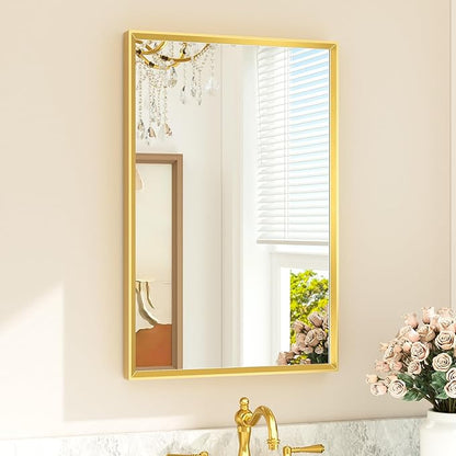 Gold Bathroom Mirror 20" x 30" Brushed Brass Rectangle Beveled Framed Bathroom Vanity Mirror for Over Sink, Tempered Glass, Modern Farmhouse Bedroom, Entryway, Living Room