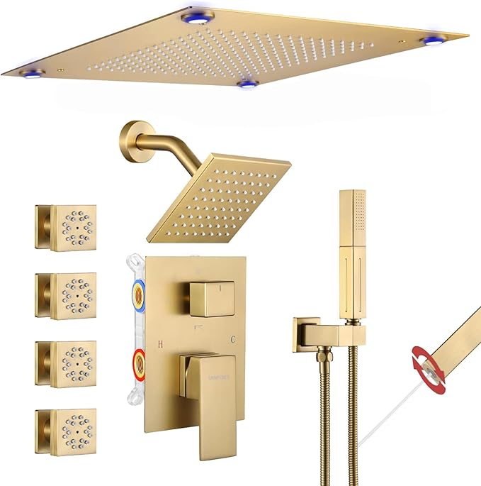 VANFOXLE Shower Faucet Set Brushed Rose Gold Shower System,Shower Faucet with 2 in 1 Handheld,Ceiling Mount 16 Inch LED Shower Head+6 Inch Shower Head(Rough-in Valve Body and Trim)