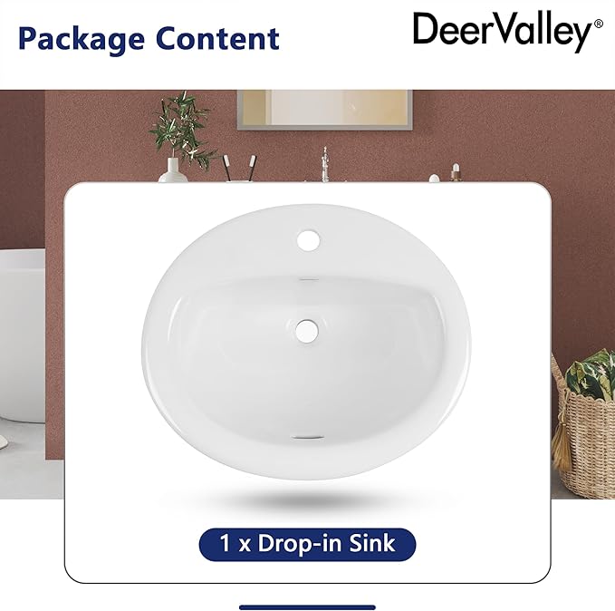 DeerValley Oval Drop-In Bathroom Sink 20x17 Inch, White Ceramic Vessel Basin with Overflow and Single Faucet Hole for Vanity Installation