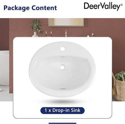 DeerValley Oval Drop-In Bathroom Sink 20x17 Inch, White Ceramic Vessel Basin with Overflow and Single Faucet Hole for Vanity Installation